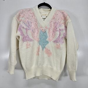 VTG 1980s Sheseido Pastel Sweater M White Blue Pink Lurex Chenille Pearls Fairy